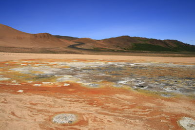 Scenic view of arid landscape against clear blue sky