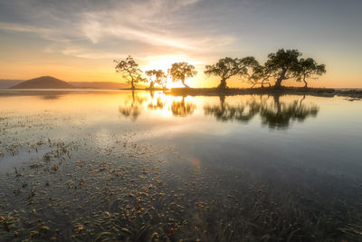 Scenic view of lake against sky during sunset