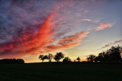 Silhouette trees on field against dramatic sky during sunset