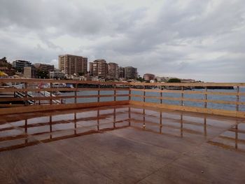 Modern cityscape by sea against sky