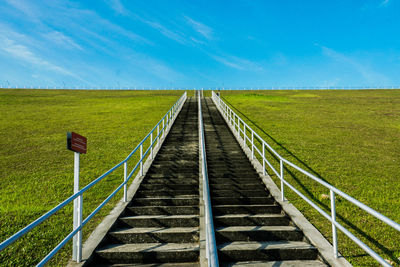 Boardwalk amidst field against sky