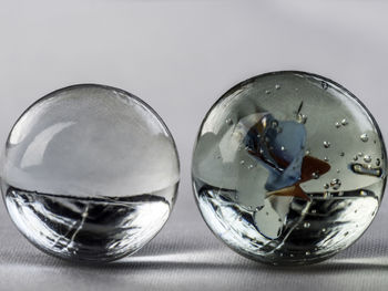 Close-up of crystal ball on glass against white background