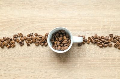 High angle view of coffee beans on table