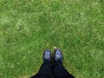 Low section of person standing on grassy field