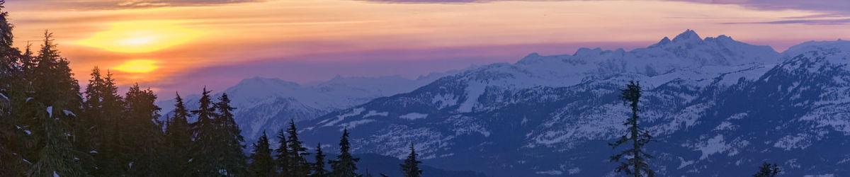 Scenic view of snowcapped mountains against sky during sunset