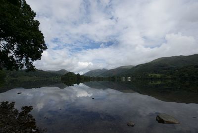 Scenic view of lake and mountains against sky