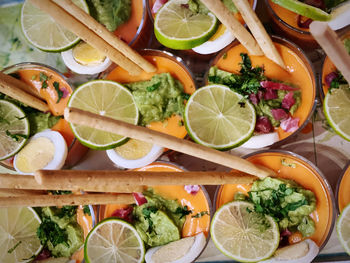 High angle view of fruits in plate on table
