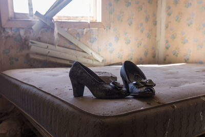 Close-up of shoes in an obsolete room