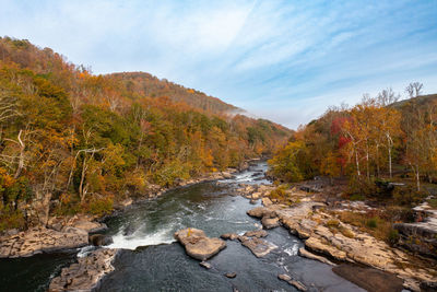 Stream flowing through rocks against sky during autumn