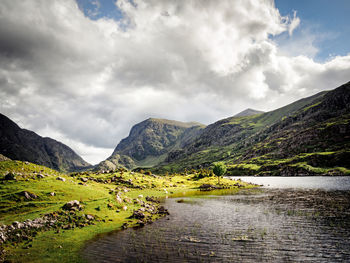 Scenic view of lake and mountains against sky