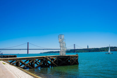 Bridge over sea against clear blue sky