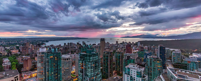 Aerial view of cityscape against sky during sunset