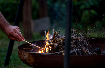 Cropped hand of person burning wood