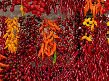 Full frame shot of red chili peppers for sale in market