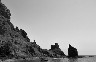 Rock formations by sea against clear sky