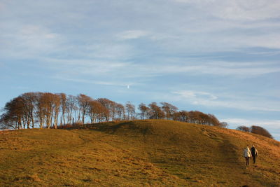 Rear view of people walking on hill against sky