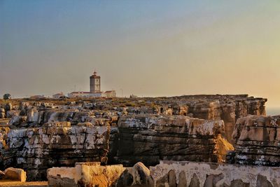 Panoramic view of buildings against clear sky