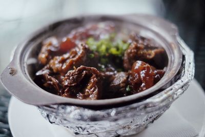 Close-up of meal served in bowl on table