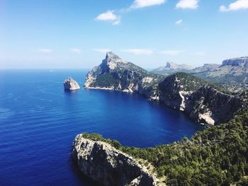 Scenic view of sea and mountains against sky