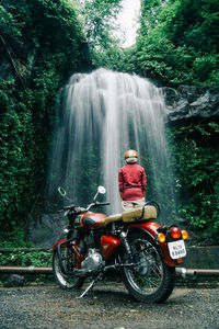 View of man riding motorcycle in forest