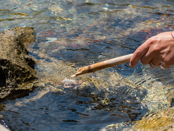 High angle view of person hand on water