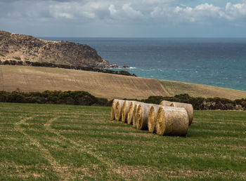 Hay bales on field by sea against sky