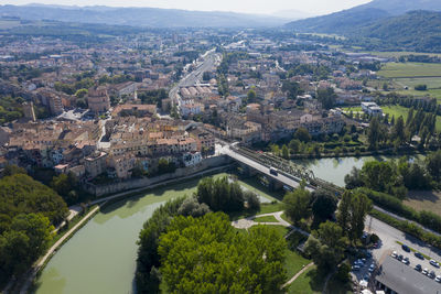 Aerial view of the village of umbertide with the tiber river