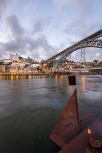 Bridge over river with city in background