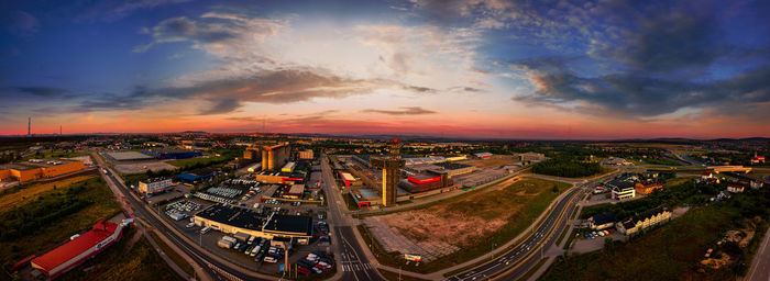 High angle view of cityscape against sky during sunset