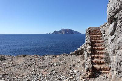 Scenic view of sea against clear blue sky