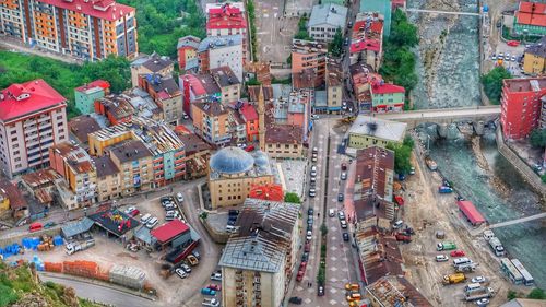 High angle view of street amidst buildings in city