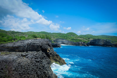 Scenic view of sea by rock formation