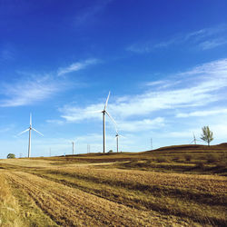 Wind turbines on field against sky