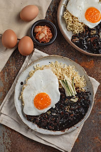 High angle view of food in plate on table