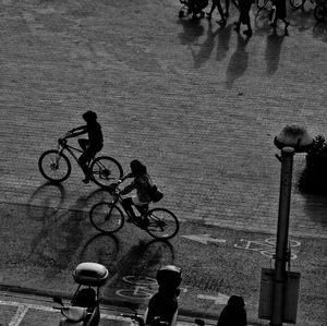 High angle view of people on street