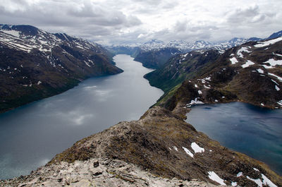 Panoramic view from the top of the besseggen ridge over the gjende and bessvatnet lake