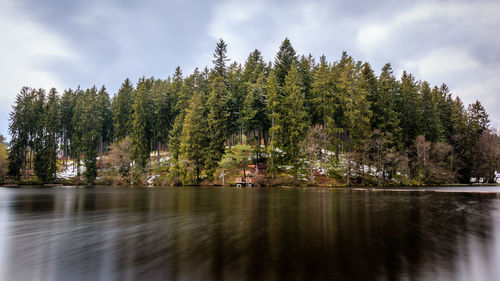 Scenic view of lake by trees against sky