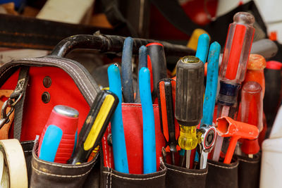 Close-up of colorful work tools