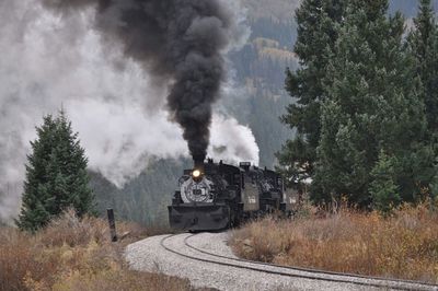 Train on railroad track by trees against sky