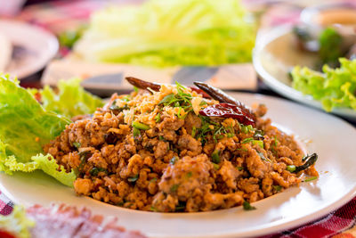 Thai northern spicy minced fish on white plate. delicious food.