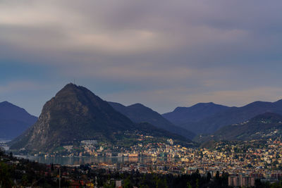 Aerial view of townscape by mountains against sky