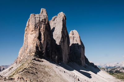 Low angle view of rock formation against clear blue sky