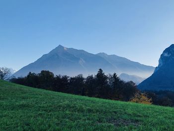 Scenic view of landscape and mountains against clear sky