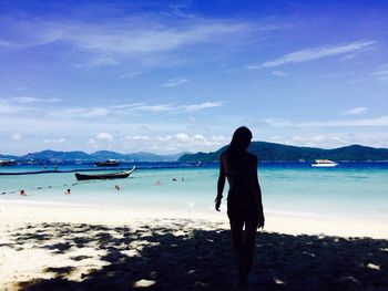 Rear view of man on beach against sky