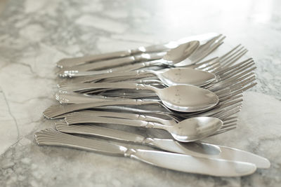 High angle view of cutlery on table