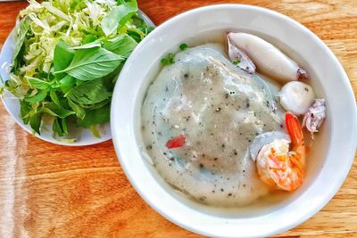 High angle view of breakfast in bowl on table