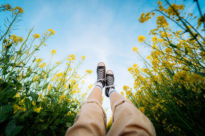 Low section of person relaxing on plant against sky