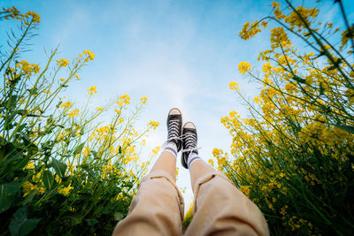 Low section of person relaxing on plant against sky