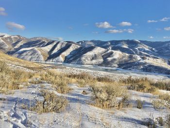 Scenic view of snowcapped mountains against sky