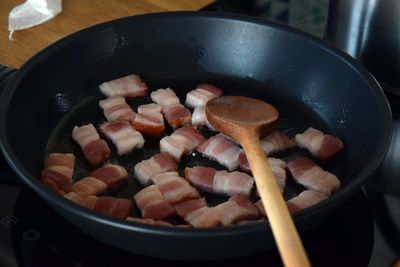 High angle view of meat in cooking pan